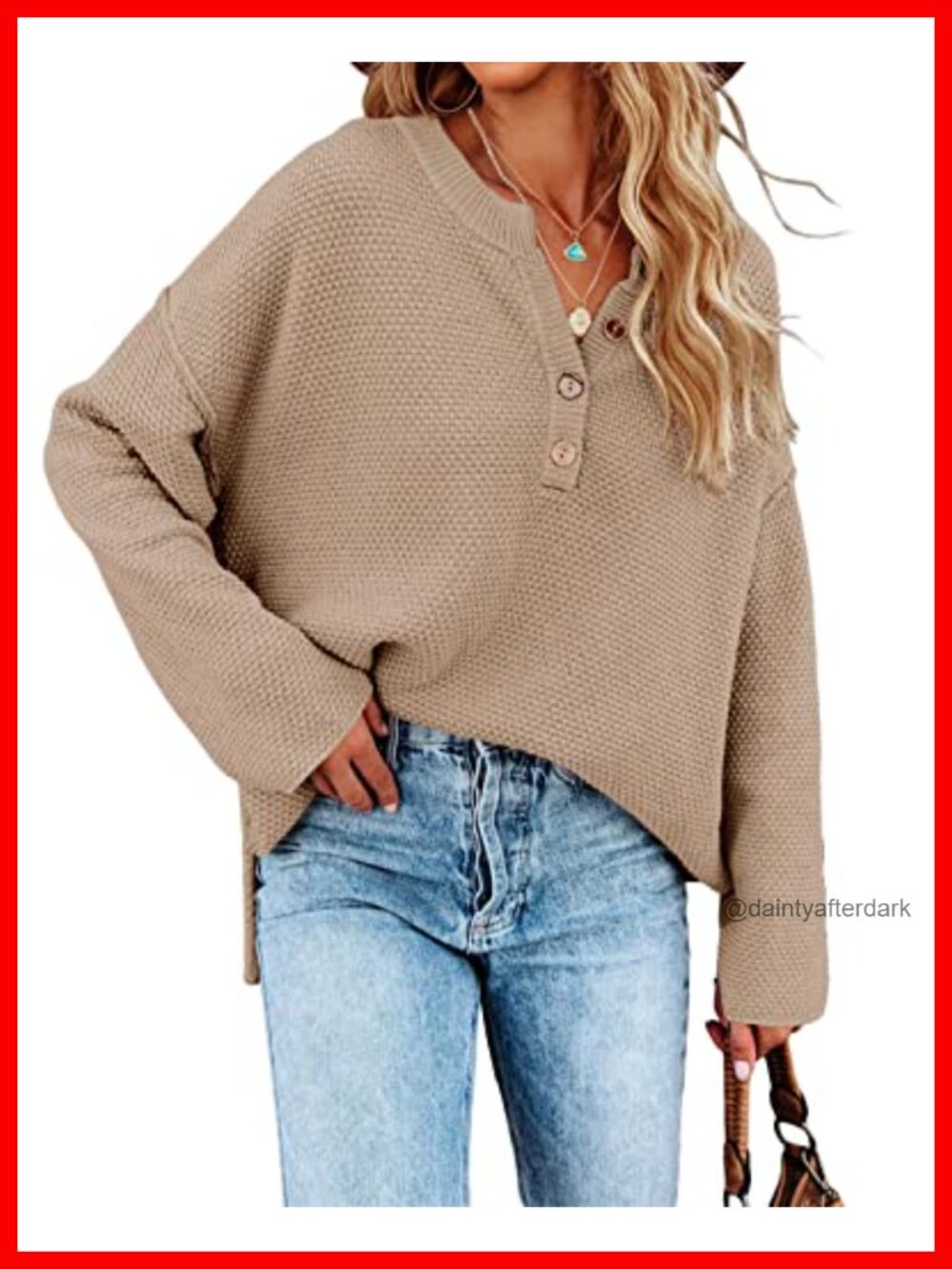 Women's Oversized V-Neck Knit Pullover Sweater Long Sleeve Button Henley Top